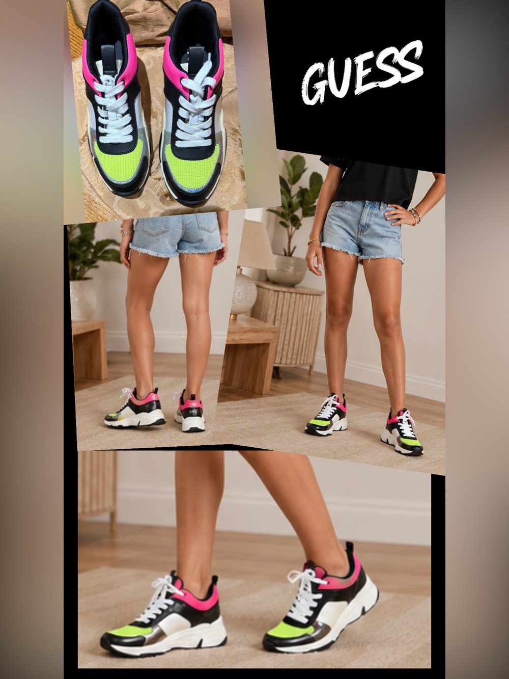 Guess Women's Chunky Lace-Up Sneakers - Neon Green & Pink